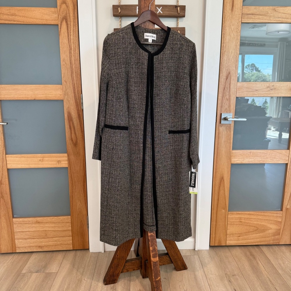 Danny & Nicole Black Tan Tweed Open Front Longline Dressy Jacket Duster 18W NWT